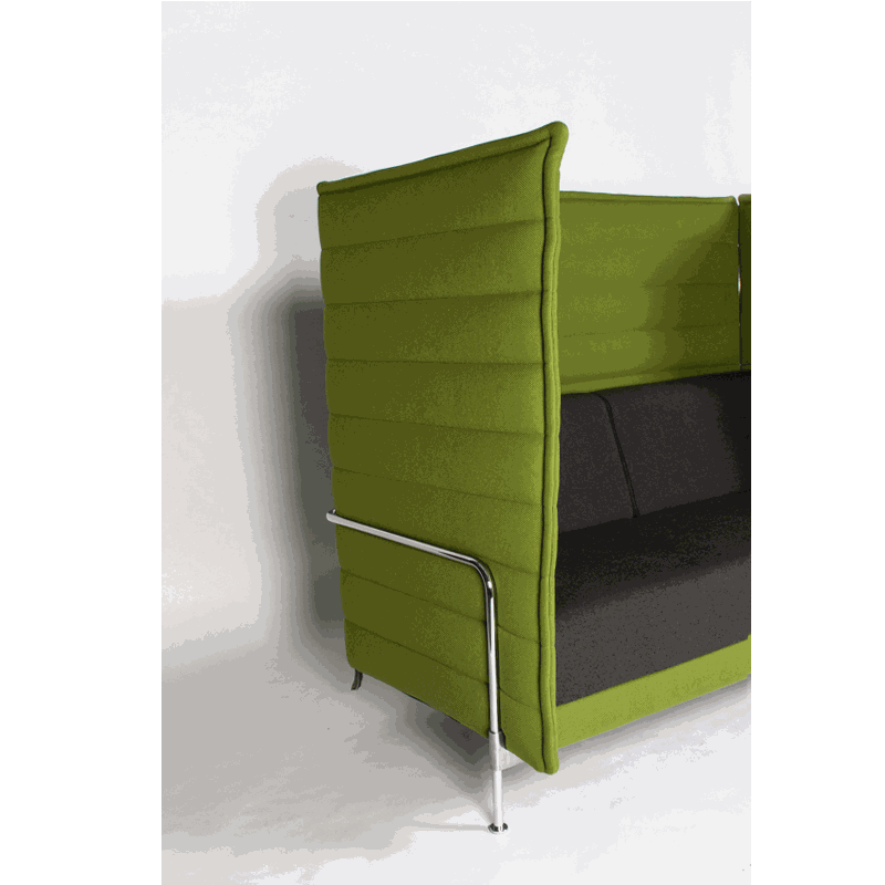 Vitra Alcove Highback 2-seater sofa in green and gray fabric with high sides and metal legs for office use