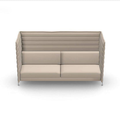 Vitra Alcove Highback 3-Sitzer Sofa cremefarben mit hohem gepolstertem Rücken und seitlichen schallabsorbierenden Paneelen, robustem Stoffbezug aus recyceltem Polyester, Stahlrohrgestell chrom, ideal für Büroumgebungen.