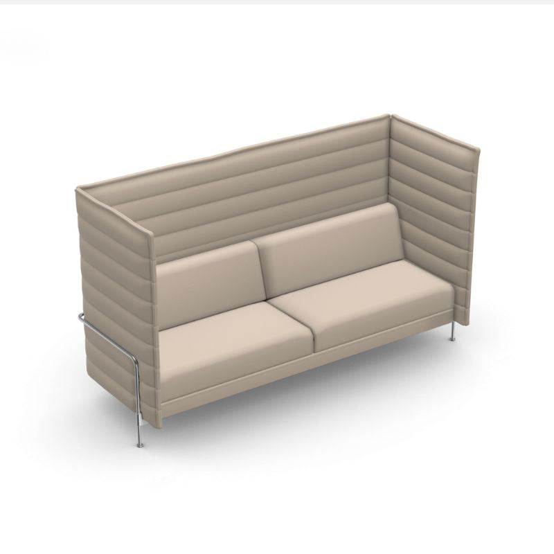 Vitra Alcove Highback 3-Sitzer Sofa cremefarben mit hohen gepolsterten Seitenwänden und Stahlrohrgestell, akustisch dämpfend, robust für Büroumgebungen