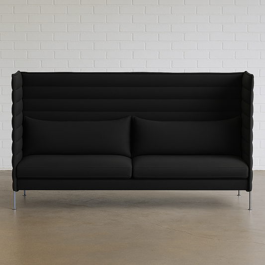 Vitra Alcove Highback black 3-seater sofa with high padded side and back panels on chrome steel frame.