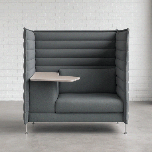 Vitra Alcove Highback Work anthrazit Sitznische mit gepolstertem hoher Rücken und chrom Stahlrohrgestell, modernes Lounge-Sofa mit integriertem Tisch.