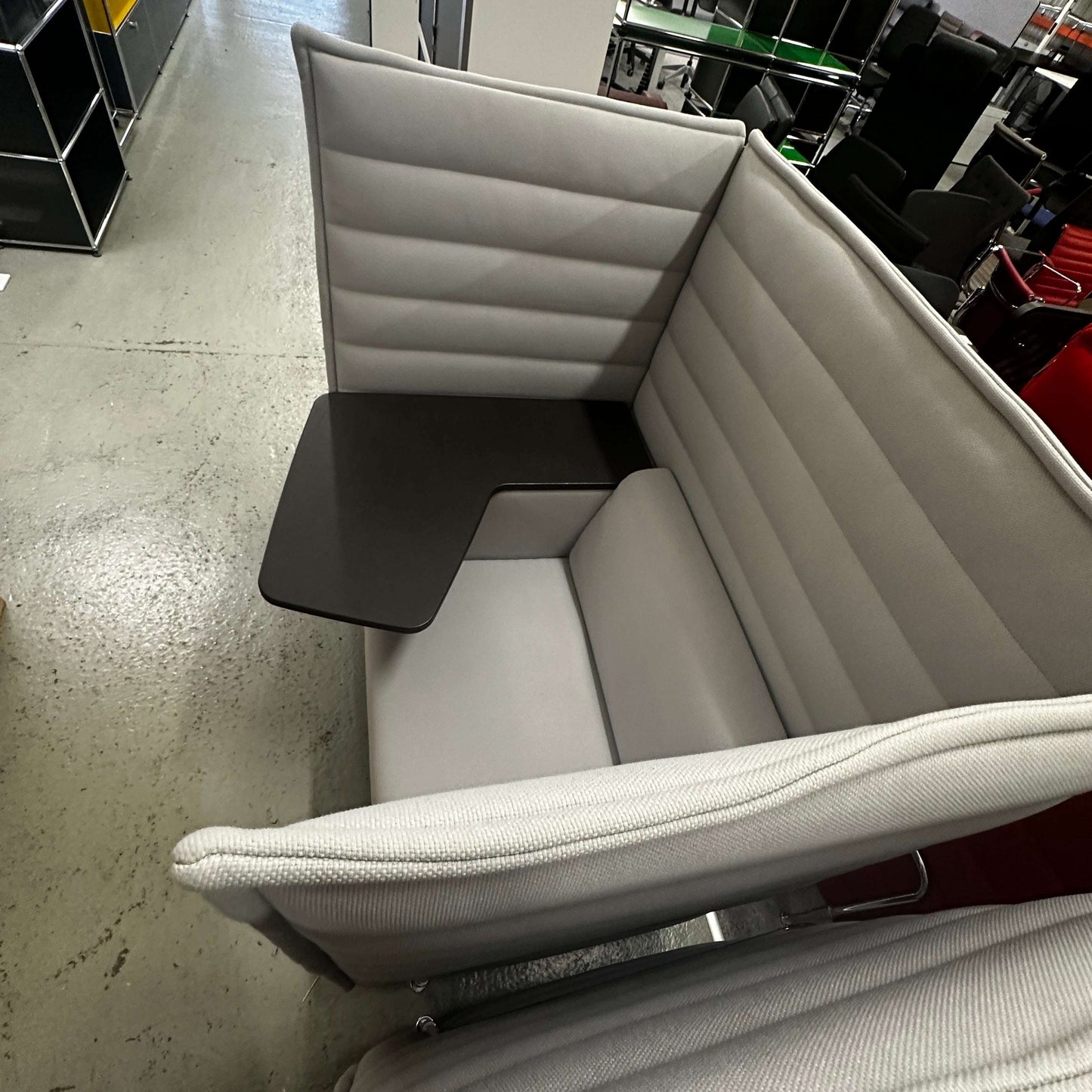 Vitra Alcove Highback Work gray high-back office booth with integrated black work table and chrome frame