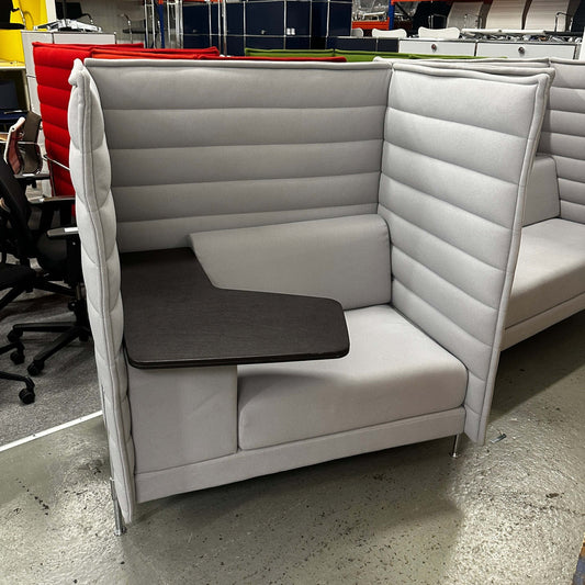 Vitra Alcove Highback gray work chair with high backrest and integrated black work table, steel chrome frame