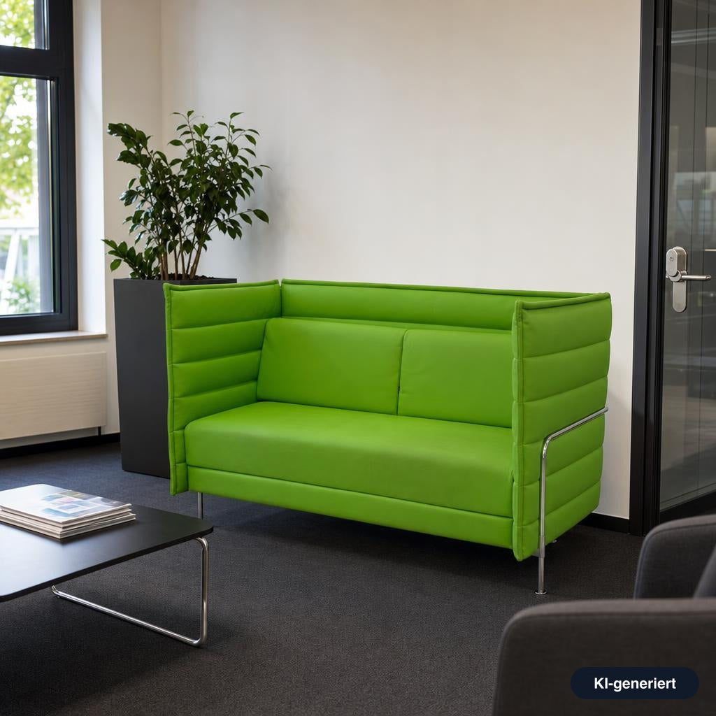 Vitra Alcove Lowback 2-Sitzer Sofa in grünem Leder mit markanten Seitenwänden und schlankem Metallgestell.