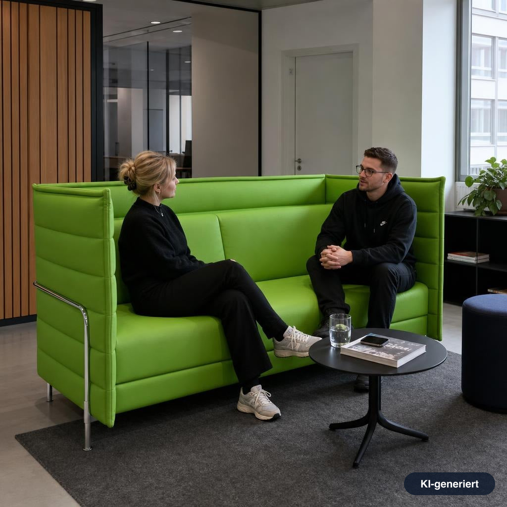 Vitra Alcove Lowback 2-Sitzer Sofa in grünem Leder mit hoher Rückenlehne und schlankem Metallrahmen in modernem Büroambiente.