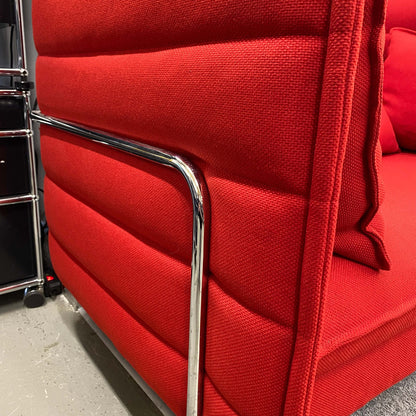 Vitra Alcove Lowback Love Seat in red fabric with chrome frame close-up detail