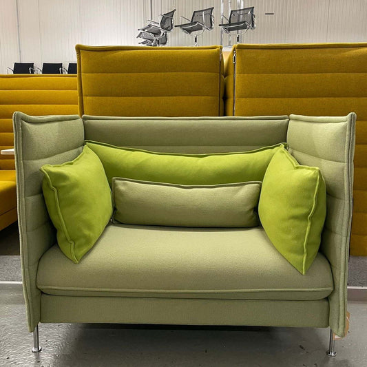 Green Vitra Alcove Lowback Love Seat with cushions and metal legs, measuring 120x98x87cm