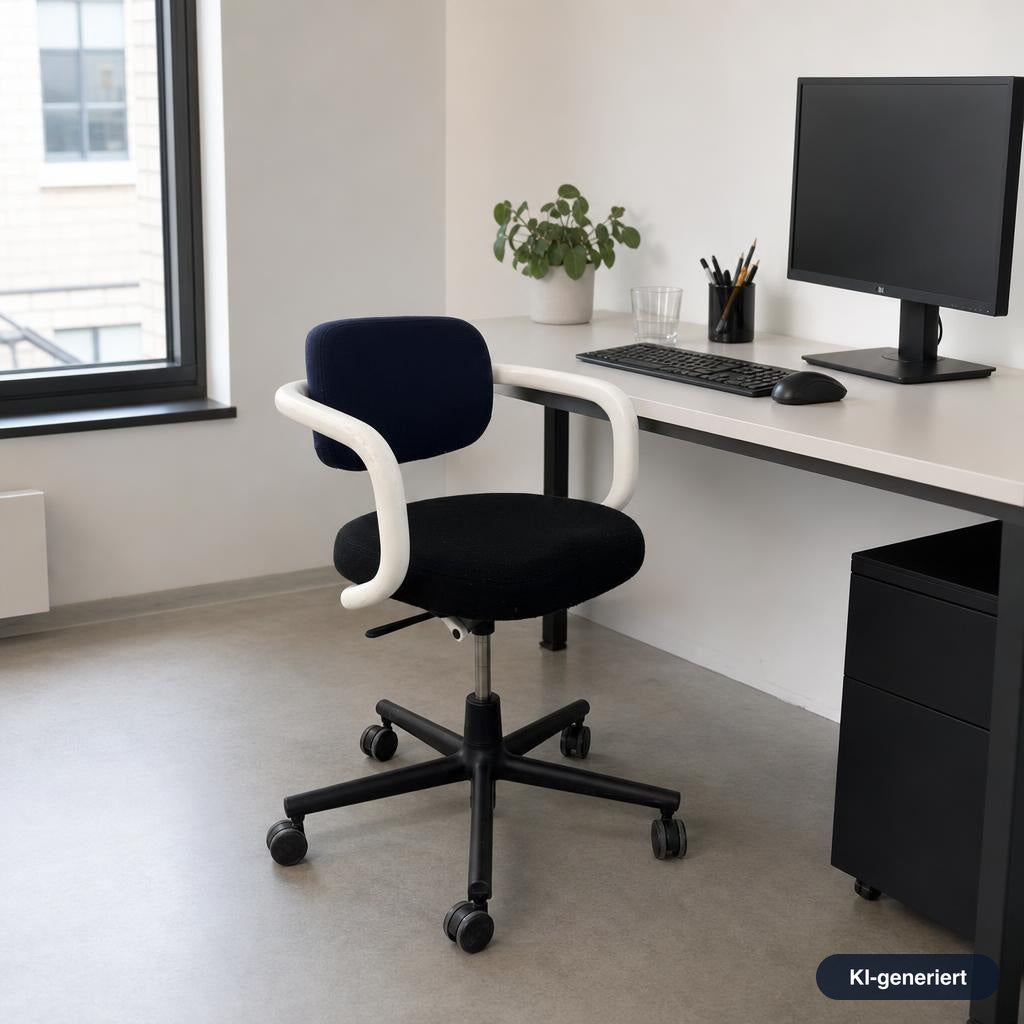 Vitra Allstar Bürostuhl mit schwarz-blauem Stoffbezug, weißem Rahmen und schwarzem Rollgestell an einem modernen Schreibtisch.