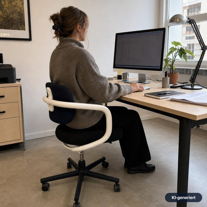 Vitra Allstar Bürostuhl mit schwarzem Stoffbezug, weißem Rahmen und höhenverstellbarer Rückenlehne in einem modernen Büro.