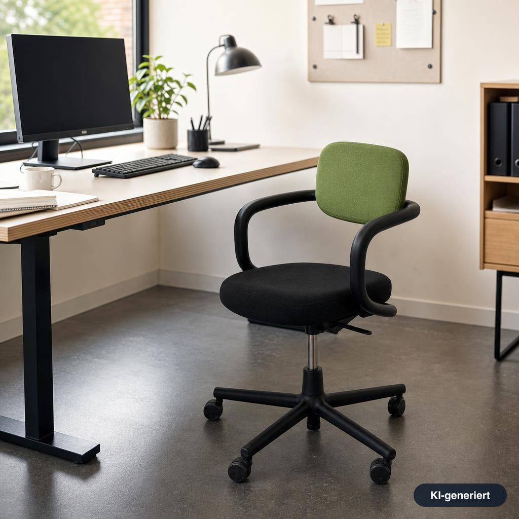 Vitra Allstar Bürostuhl mit schwarzem Stoffbezug, grüner Rückenlehne und schwarzem Gestell in einem modernen Büro.