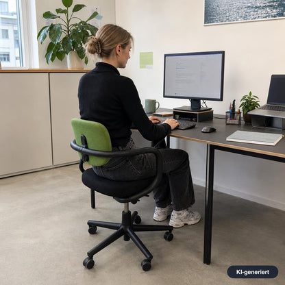 Vitra Allstar Bürostuhl mit schwarzem Gestell, schwarzem Sitzpolster und grüner Rückenlehne in einem modernen Büro.