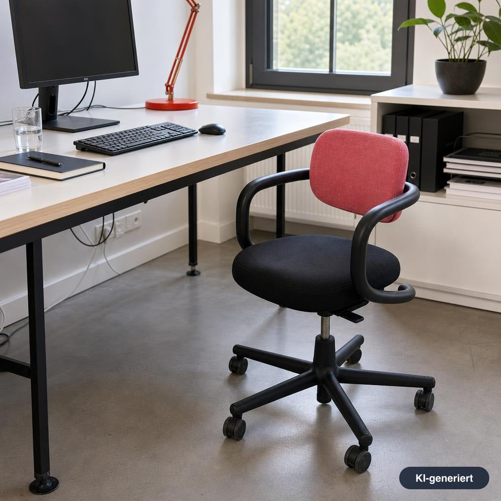 Vitra Allstar Bürostuhl mit schwarzem Gestell, schwarzer Sitzfläche und rosa Rückenlehne an einem modernen Schreibtisch.