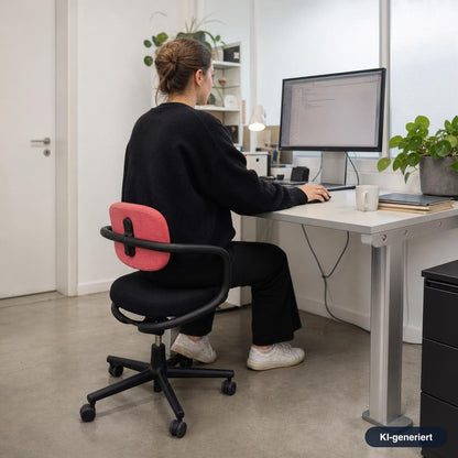 Vitra Allstar Bürostuhl mit schwarzem Gestell und schwarz-rosa Stoffbezug an einem modernen Schreibtisch.