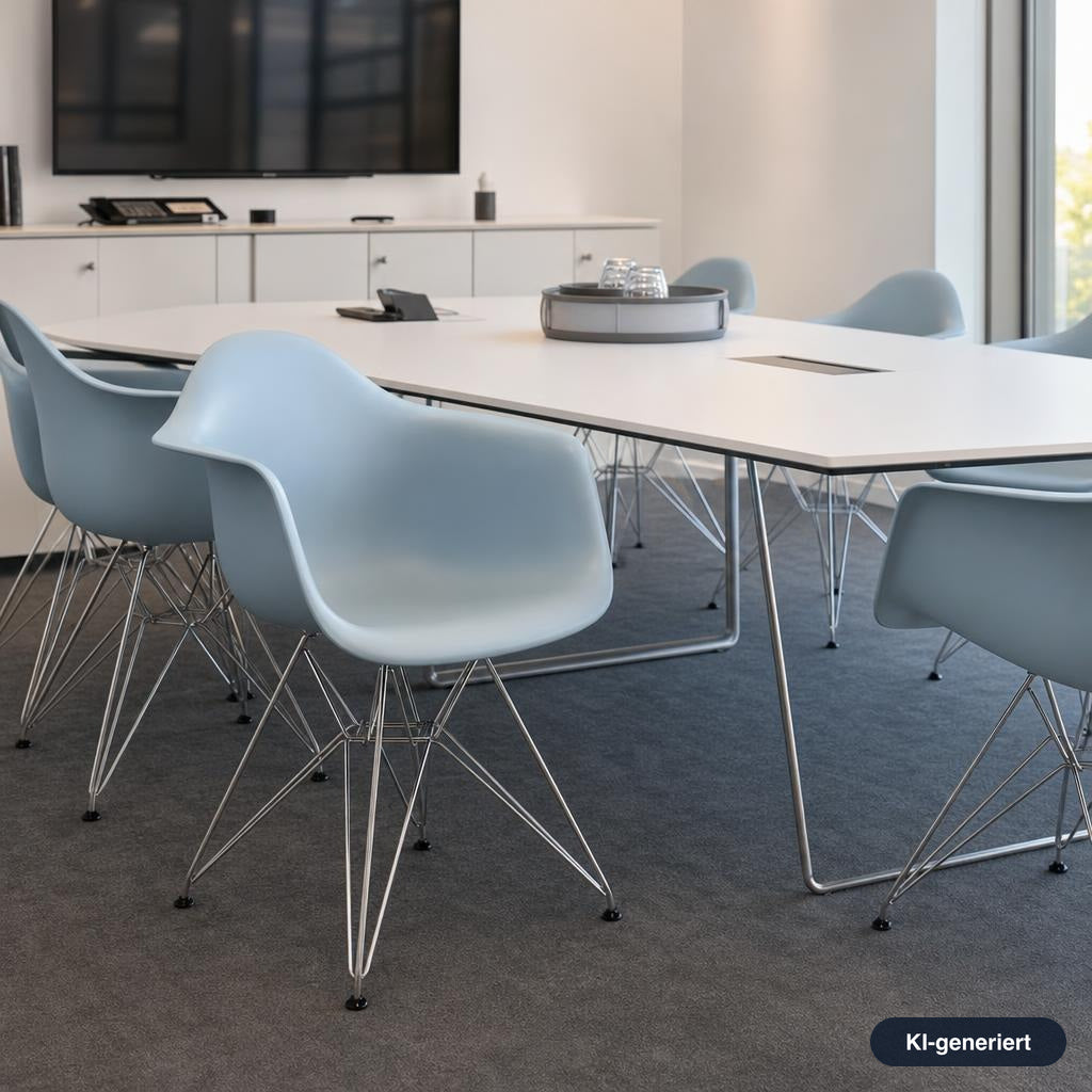 Vitra Eames Plastic Armchair DAR in Hellblau mit verchromtem Drahtuntergestell in einem modernen Konferenzraum.