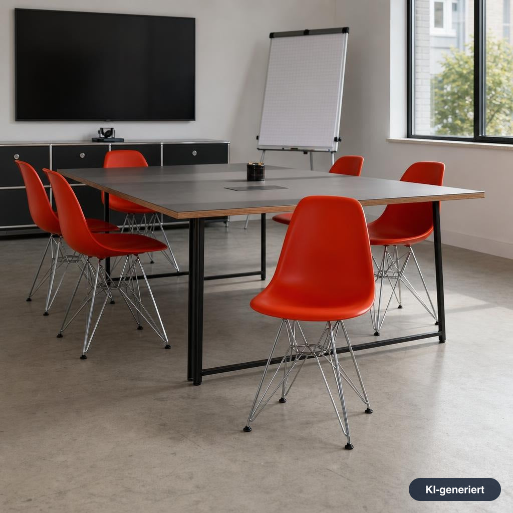 Roter Vitra Eames Plastic Side Chair DSR mit Polypropylen-Sitzschale und verchromtem Eiffelturm-Gestell im Büro.