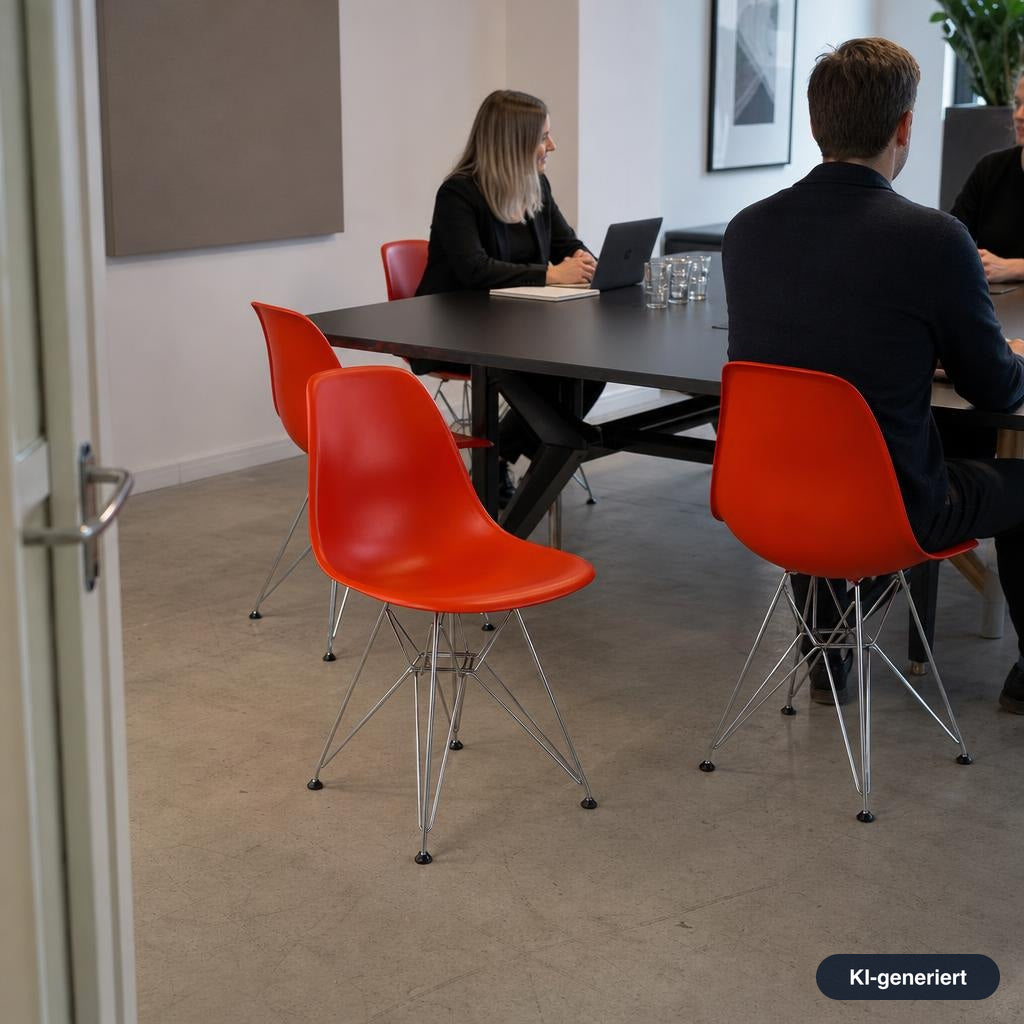 Roter Vitra Eames Plastic Side Chair mit Polypropylen-Sitzschale und verchromtem Eiffelturm-Untergestell in einem Büro.