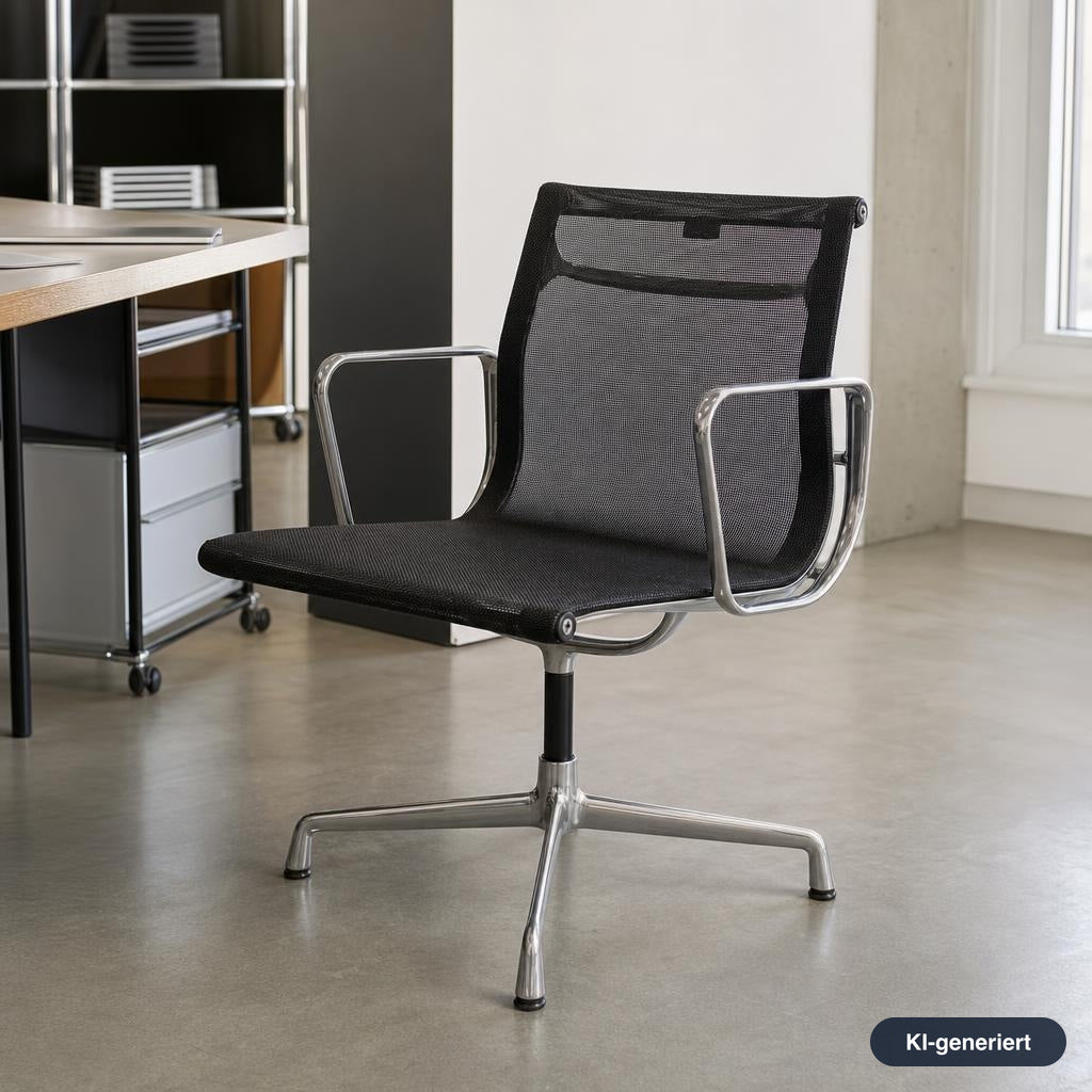 Vitra Eames Alu Chair EA 103 mit schwarzem Netzbezug und poliertem Aluminiumgestell in einem modernen Büro.