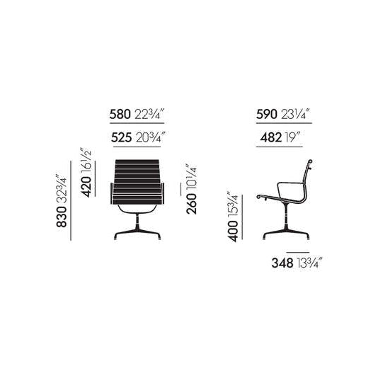 Vitra EA 107 Hopsak fliedergrau chair dimensions: front, side, and top views with measurements.