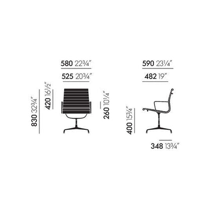 Vitra EA 107 Hopsak fliedergrau chair dimensions: front, side, and top views with measurements.