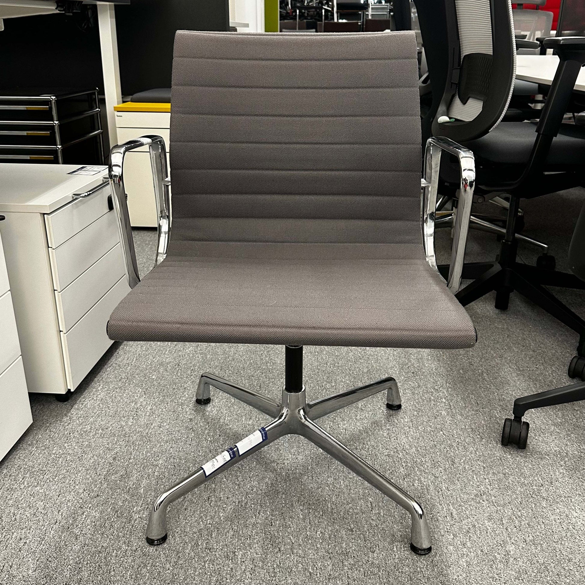 Vitra EA 107 office chair in medium grey hopsak fabric with non-swivel chrome base
