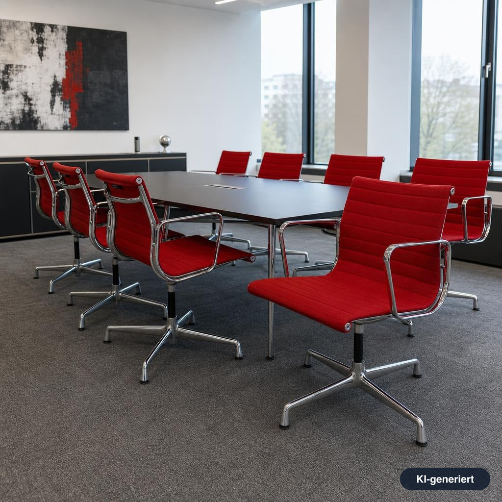 Vitra Eames Alu Chair EA 108 mit rotem Hopsak-Bezug und verchromtem Gestell in einem modernen Konferenzraum.