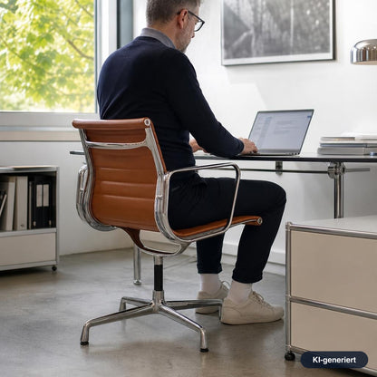 Vitra EA 108 Bürostuhl in cognacfarbenem Premium-Leder mit poliertem Aluminiumgestell an einem Schreibtisch.