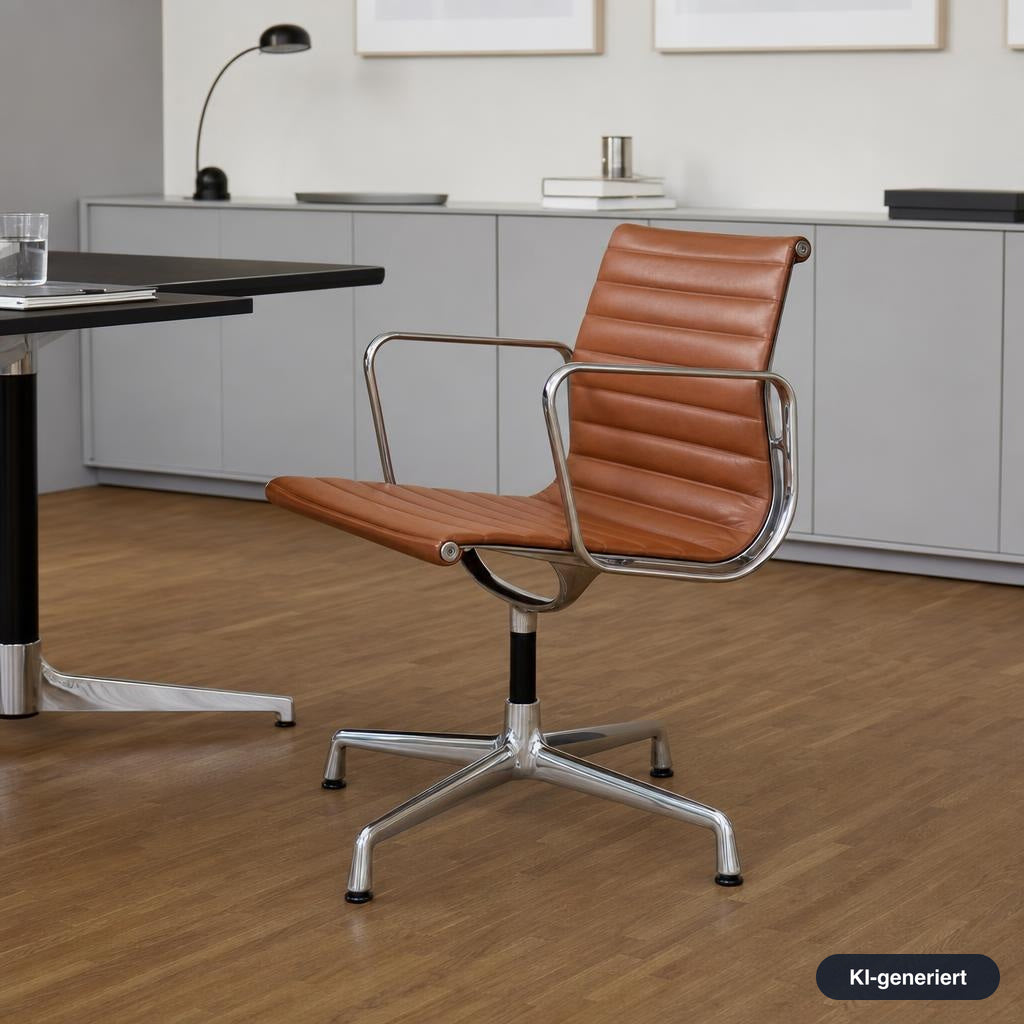 Vitra EA 108 Bürostuhl in cognacfarbenem Premium-Leder mit poliertem Aluminiumgestell und Armlehnen.