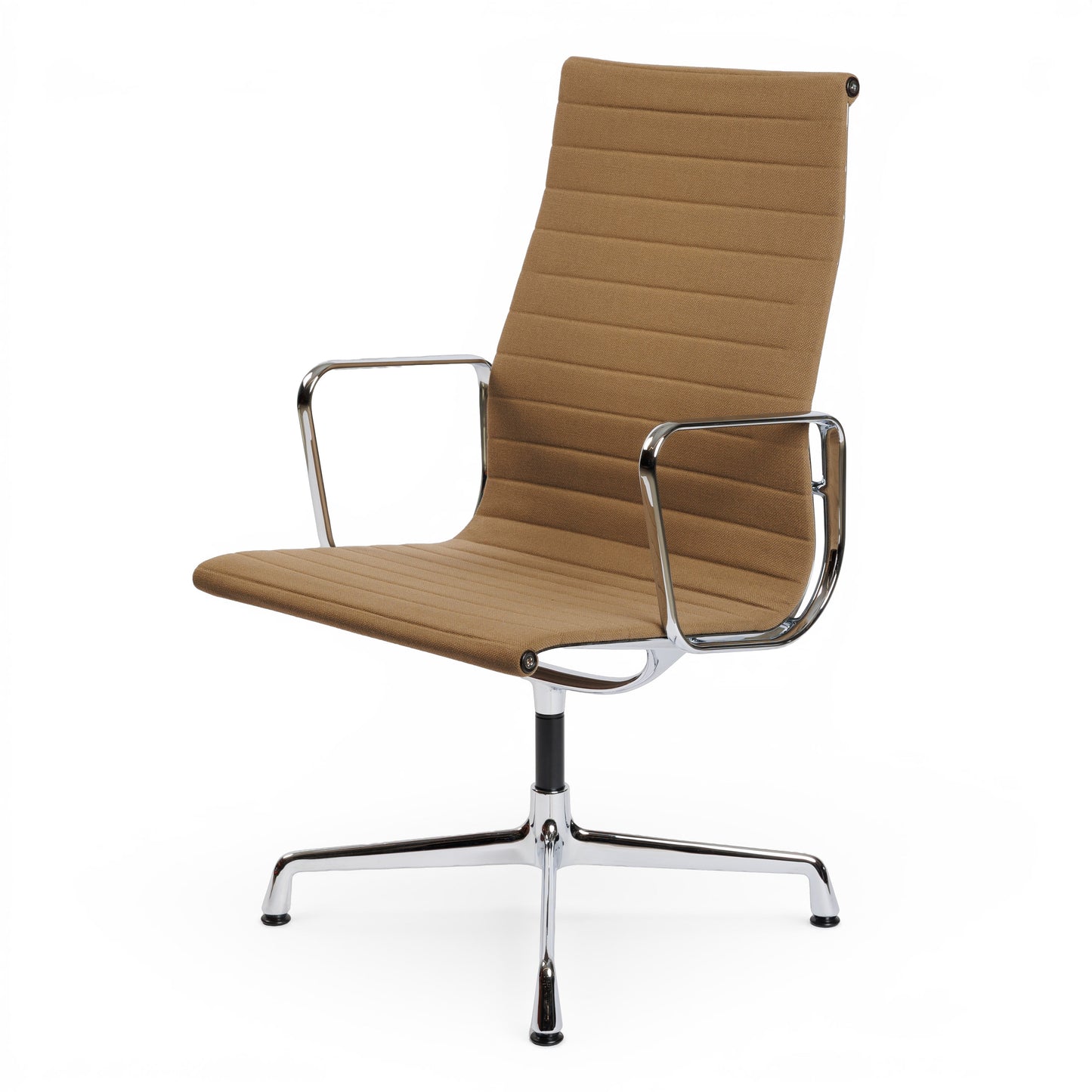 Vitra EA 112 Bürostuhl mit braunem Hopsak-Bezug und glänzendem Chromgestell.