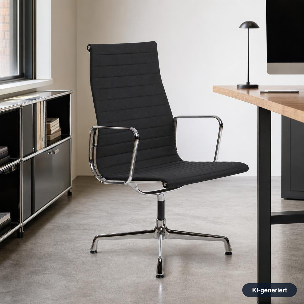 Vitra EA 112 Bürostuhl in schwarzem Hopsak-Stoff mit verchromtem Gestell und Armlehnen in modernem Büroambiente.