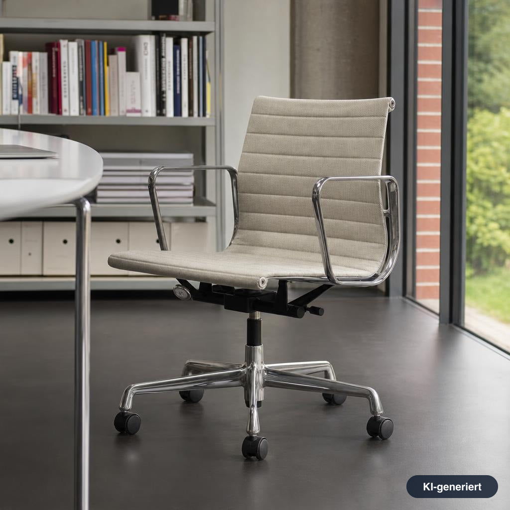 Vitra Eames Alu Chair EA 117 mit beigem Hopsak-Bezug und poliertem Aluminiumgestell in einem modernen Büro.
