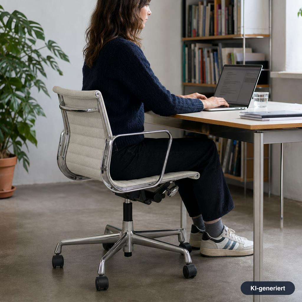Vitra Eames Alu Chair EA 117 in Hopsak Beige mit poliertem Aluminiumgestell und verstellbarer Mechanik am Schreibtisch.