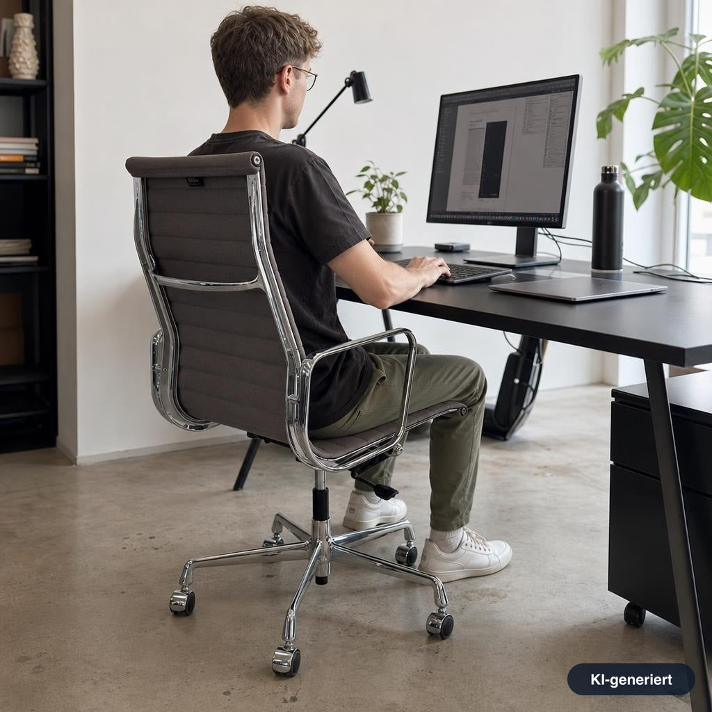 Vitra EA 119 Bürostuhl mit grauem Hopsak-Bezug und verchromtem Gestell an einem modernen Schreibtisch.