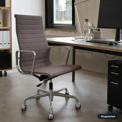 Vitra EA 119 Bürostuhl mit hellgrauem Hopsak-Bezug und verchromtem Gestell in einem modernen Büro-Ambiente.