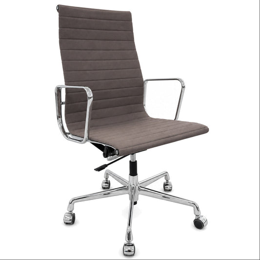 Vitra EA 119 Bürostuhl mit grauem Hopsak-Bezug, verchromtem Gestell und Armlehnen auf einem fünfstrahligen Rollfußkreuz.