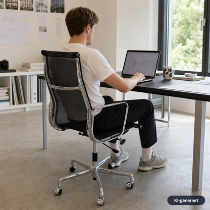 Vitra EA 119 Bürostuhl mit schwarzem Netzbezug und verchromtem Gestell an einem Schreibtisch.