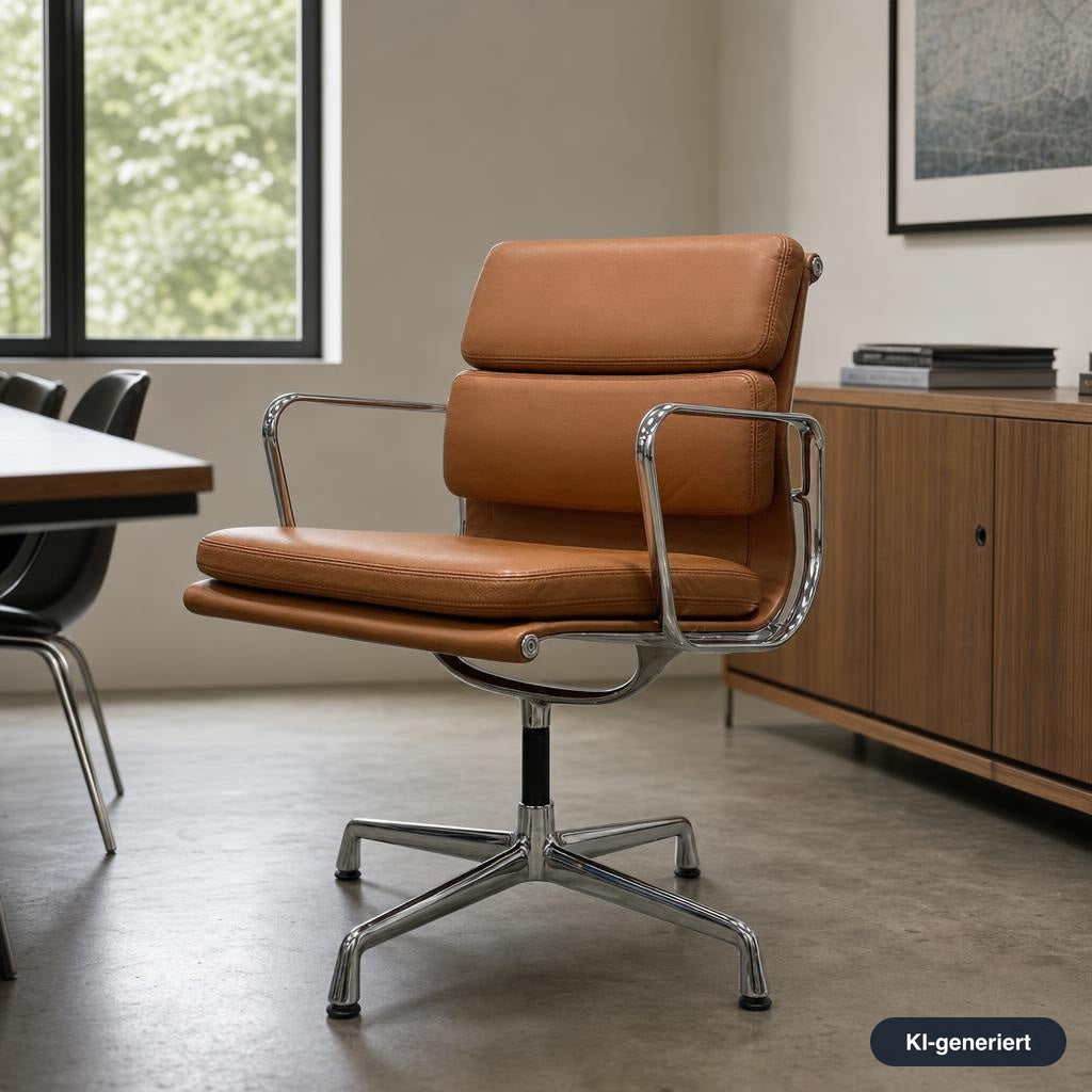 Vitra Eames EA 208 Drehstuhl mit cognacfarbenem Premium-Lederpolster und glänzendem Chromgestell in einem Büro.