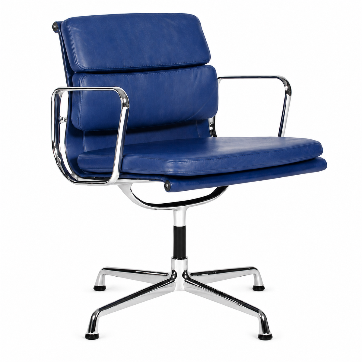 Vitra Eames EA 208 Soft Pad Bürostuhl mit blauem Lederpolster und verchromtem Aluminiumgestell.