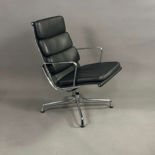 Vitra EA 216 black soft pad leather swivel chair with chrome frame