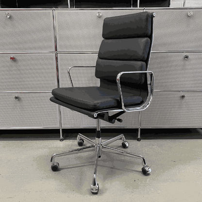 Vitra EA 219 black leather office chair with chrome frame and adjustable recline and height