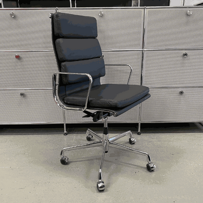 Vitra EA 219 black leather office chair with chrome frame and adjustable height and recline mechanism