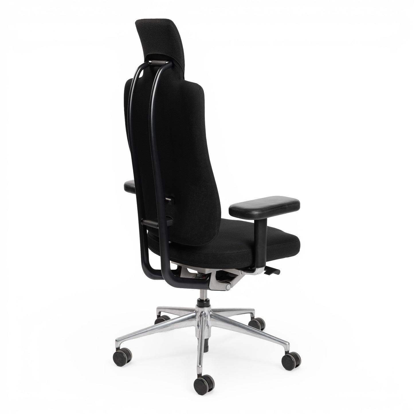 Vitra Headline Bürostuhl in Schwarz, Stoff und Leder, mit hoher Rückenlehne und Aluminiumgestell.