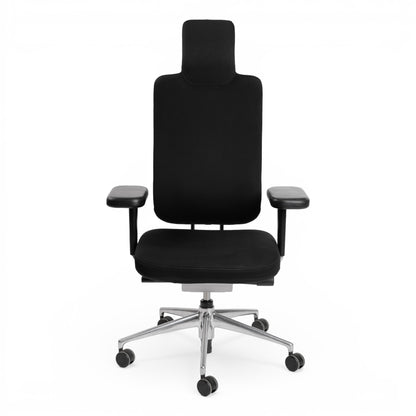 Vitra Headline Bürostuhl in Schwarz, Stoff und Leder, mit verstellbarer Kopfstütze und Armlehnen, auf Rollen.