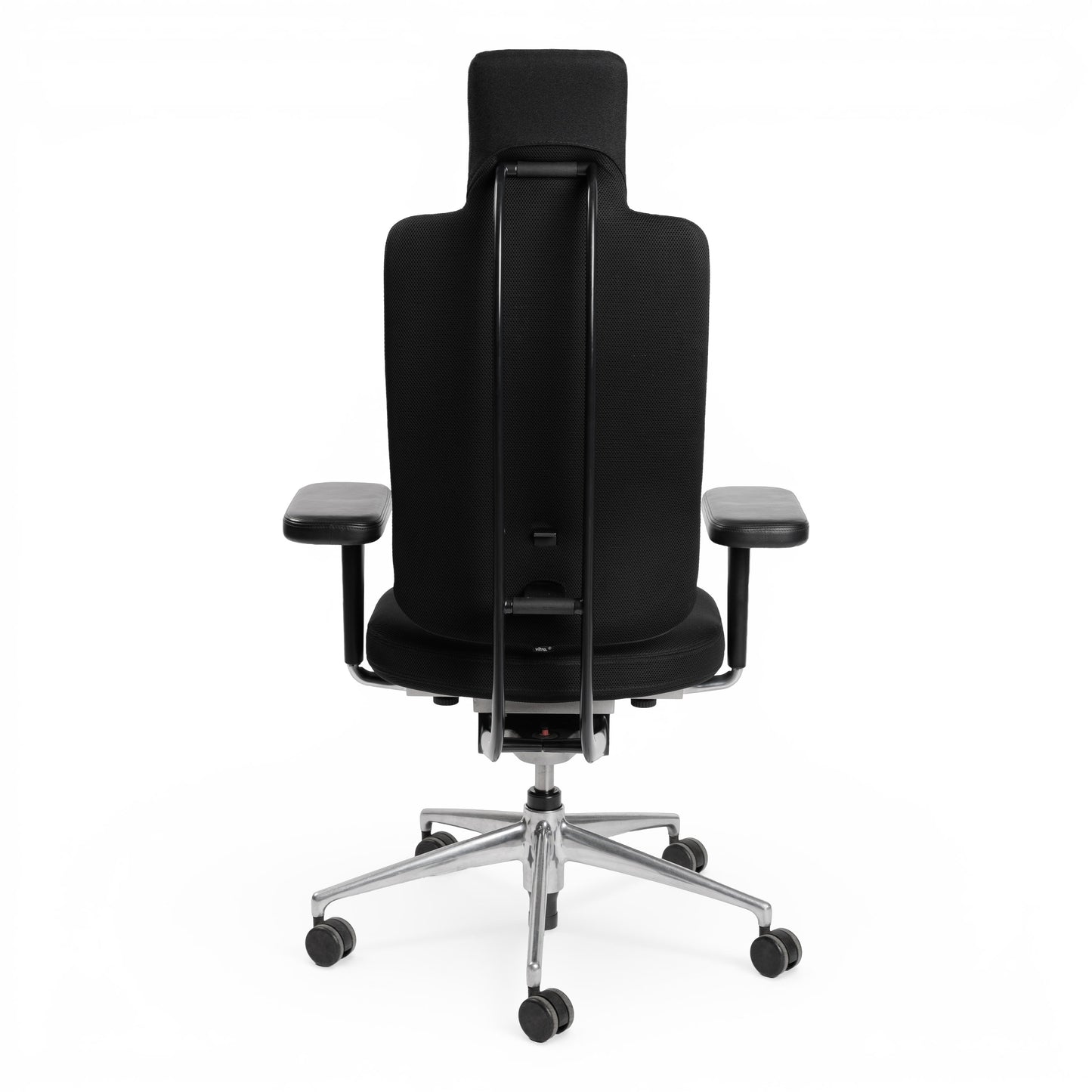 Vitra Headline Bürostuhl schwarz, Stoff und Leder, mit hoher Rückenlehne und Aluminium-Gestell.