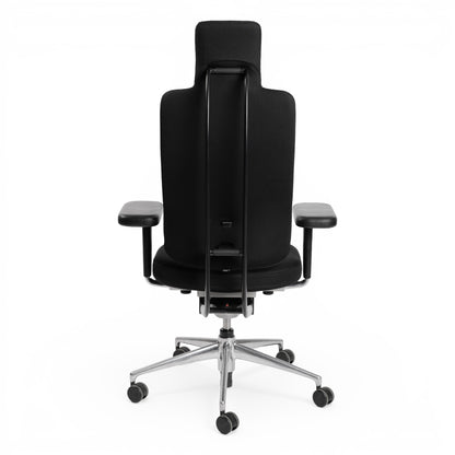 Vitra Headline Bürostuhl schwarz, Stoff und Leder, mit hoher Rückenlehne und Aluminium-Gestell.