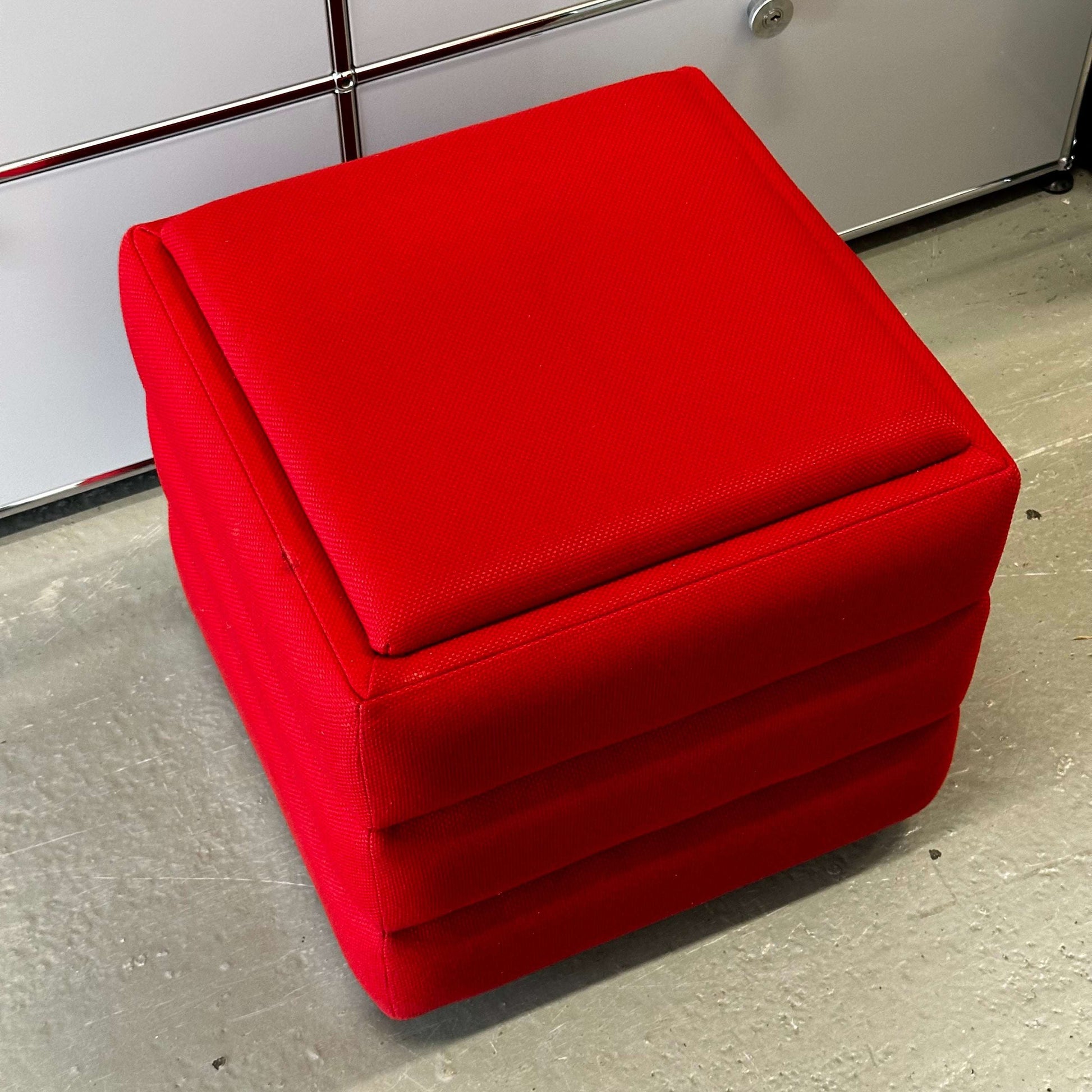 Red Vitra Hopsak Hocker upholstered cube stool with textured fabric, 48x48x43cm