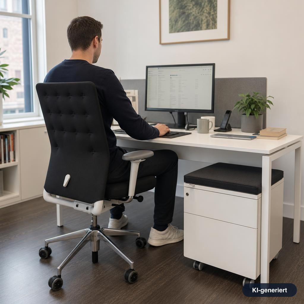 Vitra ID Trim Bürostuhl in Dunkelgrau mit poliertem Aluminium-Fußkreuz und verstellbaren Armlehnen an einem weißen Schreibtisch.