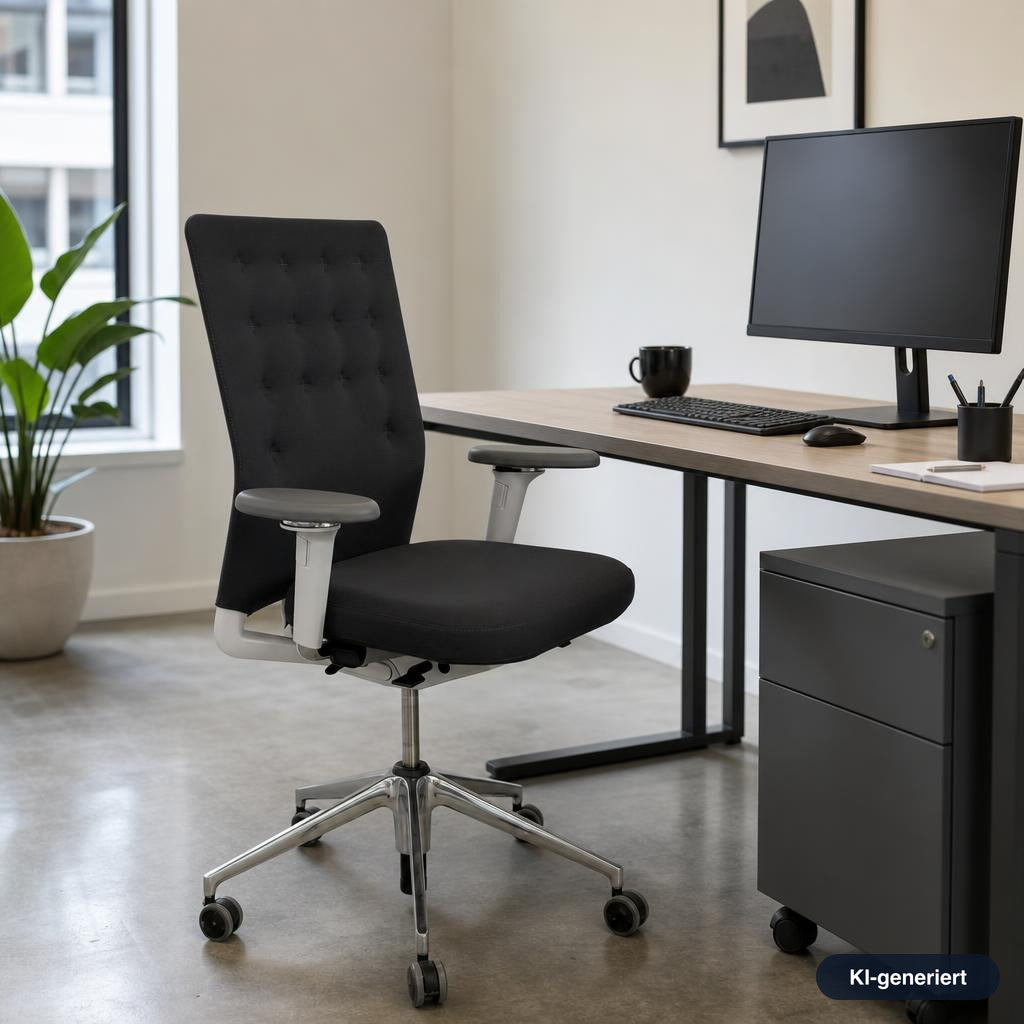 Vitra ID Trim Bürostuhl in Dunkelgrau mit poliertem Aluminium-Fußkreuz und verstellbaren Armlehnen am Schreibtisch.