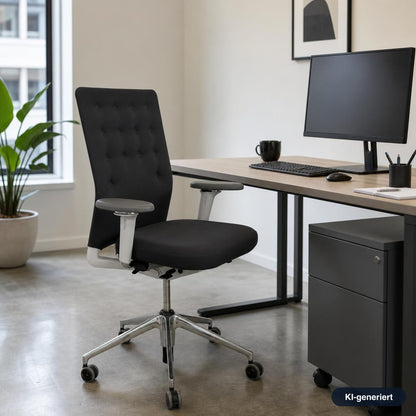 Vitra ID Trim Bürostuhl in Dunkelgrau mit poliertem Aluminium-Fußkreuz und verstellbaren Armlehnen am Schreibtisch.