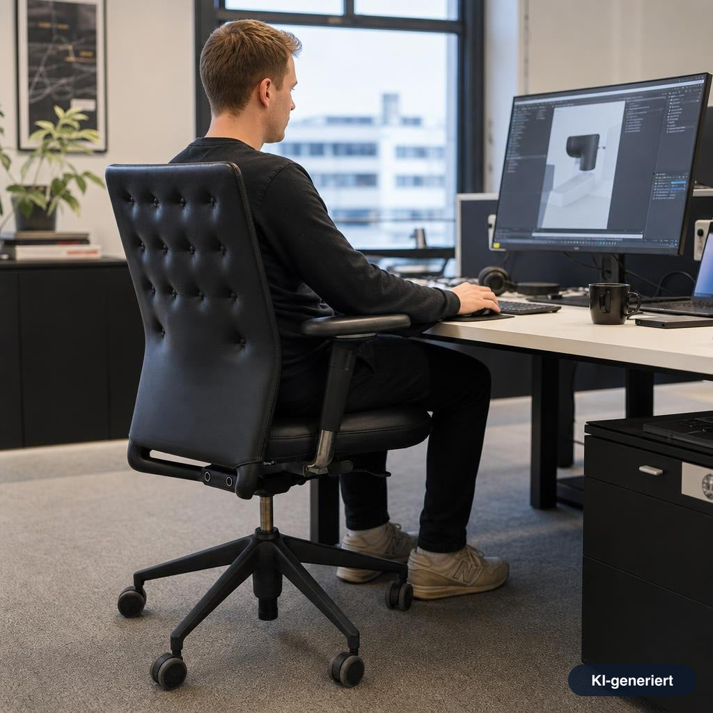 Vitra ID Trim Bürostuhl in schwarzem Leder mit gesteppter Rückenlehne und verstellbaren Armlehnen an einem Schreibtisch.