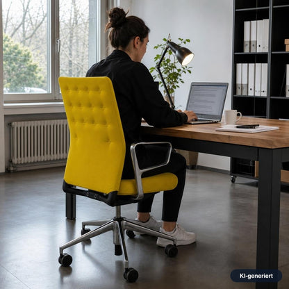 Vitra ID Trim Bürostuhl in Gelb mit poliertem Aluminiumgestell, Ringarmlehnen und Rollen an einem Schreibtisch.